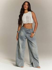 Denimoi Frayed Seams Barrel Leg Jeans Fashionable Denim Barrel Jeans - Light Wash - View 3