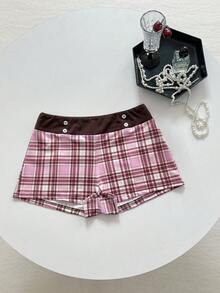 Elamini Sexy Preppy Cute Plaid Patchwork Low Waist Summer Shorts For Hot Girl Gym Brown Plaid - Multicolor - View 1