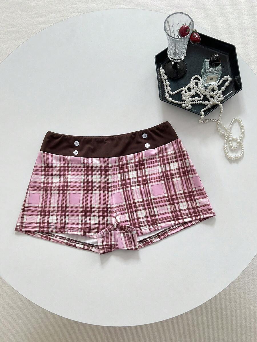 Elamini Sexy Preppy Cute Plaid Patchwork Low Waist Summer Shorts For Hot Girl Gym Brown Plaid - Multicolor - View 1