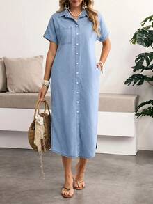 Sunnyshic Plus Size Casual Front Button Denim Dress - Blue - View 6