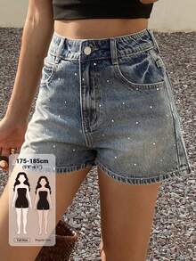 Livesso Tall Shorts vaqueros casuales para mujer con estampado de strass en todo el tejido, para mujeres altas en verano - Azul lavado medio - Ver 1