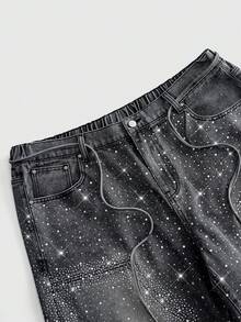 ROMWE MEN Street Life Short en jean décontracté d'été pour homme grande taille avec décoration de strass - Bleu azur - Voir 2