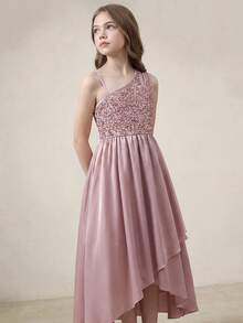 Gaun Satin Patchwork Payet Mewah untuk Musim Pernikahan, Model Satu Bahu dengan Potongan Cami, Bagian Depan Pendek dan Belakang Panjang, Bagian Belakang Pendek, Gaun untuk Pesta Prom, Pertunjukan, Pesta Ulang Tahun, Perjamuan, dan Semua Musim. - Berwarna merah muda - View 1