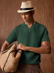 EASEVO 大尺碼男士純色 Polo 領短袖休閒針織上衣 - 橄欖綠 - 查看 3