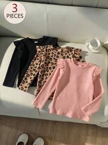 SHEIN 3件組女童幼兒秋冬時尚嬰兒粉色＋經典純黑色荷葉袖圓領長袖打底T恤返校上衣 - 彩色 - 查看 7