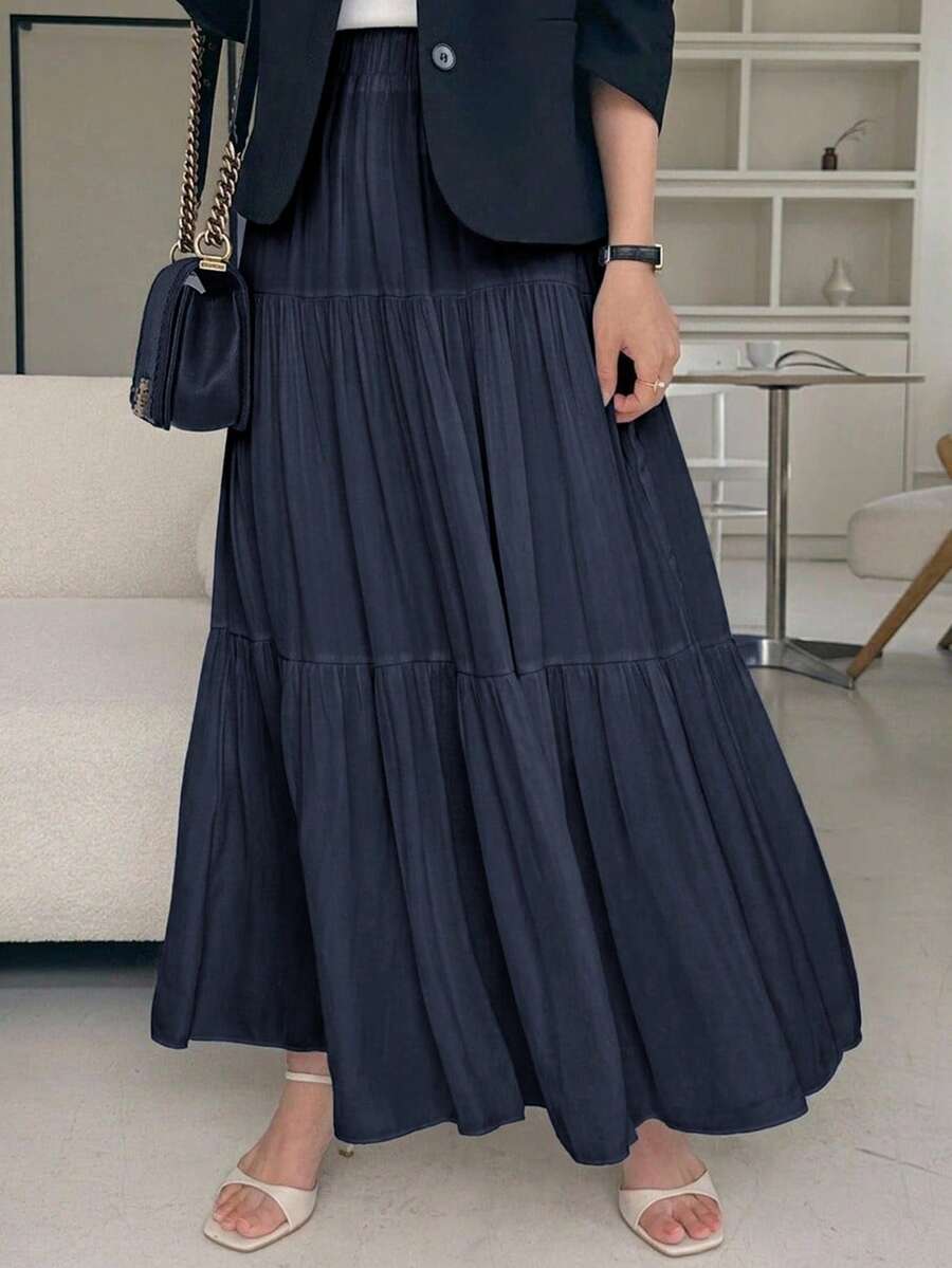 DAZY Women's Solid Color Elastic Waist Multi-Layer Ruffle Casual Skirt - Royal Blue - View 1