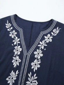 Linhara Plus Size Women Spring/Summer Casual Minimalist Pastoral Style Small V-Neck, Cotton Embroidered Fashion Ruffle Cuff Loose Fit Dress - Blue - View 4