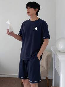 DAZY 短袖短褲睡衣套裝，海軍藍印花布料搭配白色滾邊設計，夏季款 - 藏蓝色 - View 2