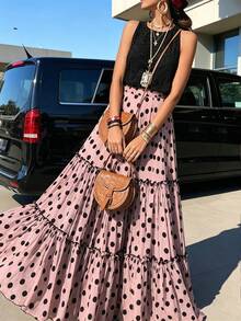 Breezaya French Vintage Pink & Black Polka Dot Layered Full Skirt, 3-Layer Large Panel Patchwork Design With Black Ruffle Trim And Pleated Edging On Each Layer, Voluminous Umbrella-Shaped Hemline For Dramatic Visual Effect, Plus Size Skirt - Pink - View 5