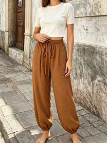 SHEIN PariChic French Boho Casual Brown And White Polka Dot Swiss Dot Lantern Pants Elastic Waist Cuffed Loose Autumn Brunch Vacation - Coffee Brown - View 3