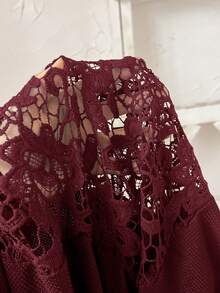 Rusticease Sudadera con capucha de talla grande, unicolor con patchwork de encaje - Burdeos - Ver 7