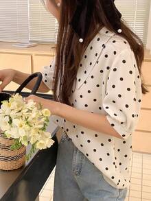 DAZY Polka Dot Puff Sleeve Blouse - Beige - View 2