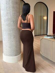 leahseptember Women's Solid Color Knit Skirt, Spring/Summer Vacation - Coffee Brown - View 5