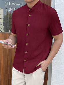 HIMLAND Men's Woven Casual Versatile Solid Color Short Sleeve Shirt - Burgundy - View 3