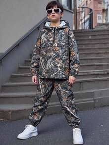 SHEIN 2件組兒童青少年男孩休閒復古學院風連帽外套與慢跑褲套裝 - 彩色 - 查看 3