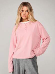 MISSGUIDED Long Sleeve Henley Top With Button Placket And Contrast Crew Neckline - Relaxed Fit Casual Pullover - Pink - View 1