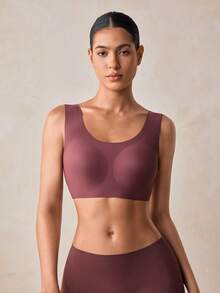 Veilyse Women's Nude Wireless Bra, Thin Fabric, Lift & Support For Large Bust, Removable Pads, Seamless, Comfortable, Elastic, Wide Strap, U-Shaped Sports Bra - Coffee Brown - View 5