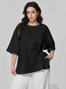 Maija Damen-T-Shirt in Große Größen, einfarbig, mit Rundhalsausschnitt, Drop-Shoulder, Knoten an der Taille, Seitenschlitz am Saum, lässig, Business Casual, gestrickt/gewebt, elegant, für Herbst und Halloween - Schwarz - Übersicht 2