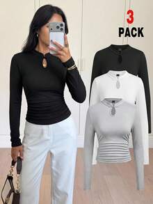 SHEIN EZwear 秋季新品青蛙鈕扣休閒極簡針織純色三件套圓領抓皺長袖女款T恤，秋季上衣，適合日常通勤、約會、派對、秋冬/夏季、聖誕節、新年、海灘、畢業典禮、時尚、休閒、Y2K、外出、畢業典禮等場合 - 彩色 - 查看 12