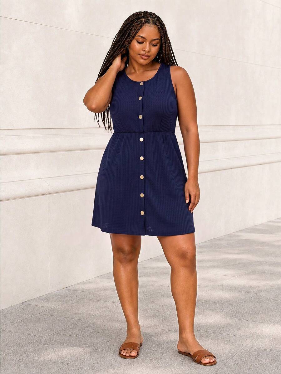 ELLERISSA Vestido mini de punto gofrado azul marino de talla grande con cuello redondo, sin mangas y botones delanteros - Azul Marino - Ver 1