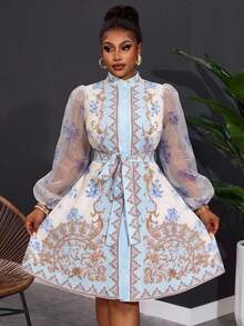 SHEIN CURVE+ Autumn Elegant Party Brunch Tea Party Wedding Guest French Romantic Palace Style Collared Shirt Dress, Sheer Mesh Lantern Sleeve, Waist Tie Fall - Multicolor - View 7