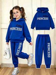 SHEIN 2pcs Young Girls' Casual English Letter Hooded Sweatshirt And Letter Print Pants Set, Autumn Back-To-School Big Sister Little Sister - Blue - View 3