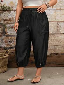 EMERY ROSE Plus Size Casual Tapered Leg Drawstring Waist Side Patch Pockets Cropped Pants - Black - View 3