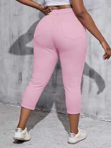 SHEIN Tall CURVE 女款大尺碼白色丹寧彈性緊身九分褲 - 粉色 - 查看 2