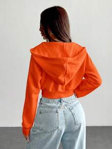 SHEIN PETITE 女款純色前拉鍊長袖口袋極簡連帽夾克 - 橘色 - 查看 2