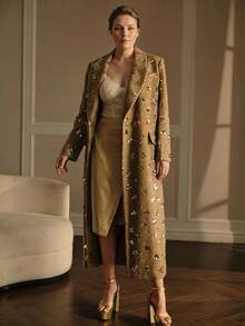 MOTF PREMIUM PLUS SIZE FASHIONABLE ELEGANT LAPEL COLLAR CHIC ELEGANT SEQUIN OVERCOAT - Yellow - View 6
