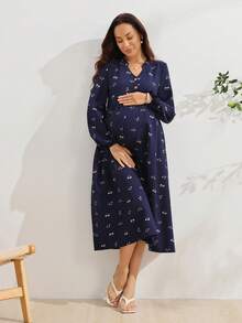 SHEIN Maternity Floral Print Button Nursing Functional Pleated Vacation Dress Fall - Navy Blue - View 4