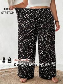 SHEIN CURVE+ 大码女式印花抽绳阔腿裤 - 黑色 - 查看 10
