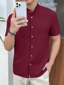 HIMLAND Men's Woven Casual Versatile Solid Color Short Sleeve Shirt - Burgundy - View 5