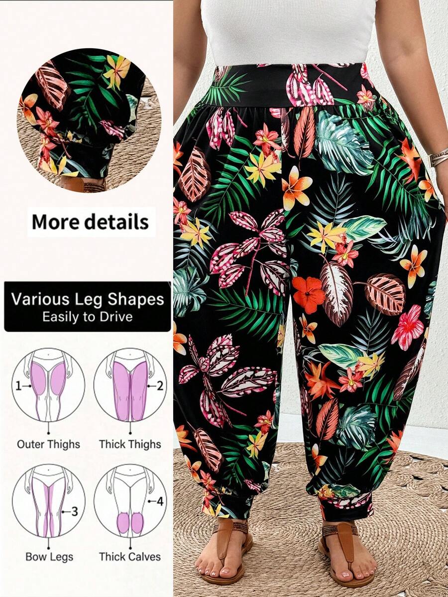 SHEIN CURVE+ Curve Plus 純色九分長褲，附口袋，透氣面料，秋季海灘度假黑色波希米亞熱帶風