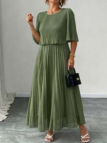 Elenzga Vestido de Gasa Plisado Elegante de unicolor Talla Grande, Primavera/Verano - Verde militar - Ver 4