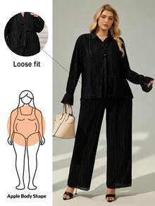 Shapeblank Plus Flounce Sleeve Shirt & Wide Leg Pants Fall - Black - View 1