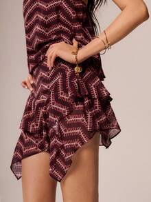 Willow Rêve Women's Brown Geometric Pattern Double Layer Chiffon Flirty Mini Skirt, Boho Style, Valentine's Day Style, Romantic Vacation Style, Travel,Skirt - Red - View 10