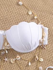 Swim SXY 2 piezas Set de bikini con estampado de concha marina blanco, para mujer, ideal para primavera y vacaciones, con tirantes de cadena dorada - Blanco - Ver 4