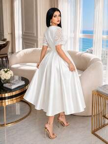 SHEIN Lady Vestido elegante de fiesta de talla grande con parches de encaje de unicolor - Blanco - Ver 2