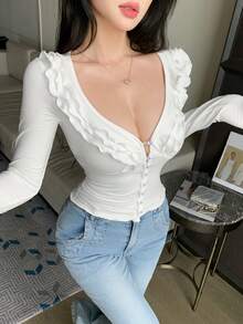 DAZY 女款V領長袖白色荷葉邊百褶珍珠鈕扣針織開襟短版上衣，休閒婚宴T恤，秋季 - 白色 - 查看 9