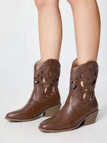 ROMWE Fairycore Women's Brown Western Style Boots, Pointed Toe V-Cut Thick Heel Embroidered Boots, Low Heel Wooden Sole Shoes, Zipper Riding Boots And Ankle Boots Spring Collection - Brown + Hollow - View 4