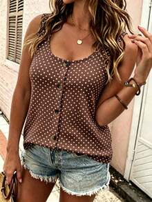 EMERY ROSE Plus Size Women's Polka Dot Contrast Color Round Neck Button Vest, Round Neck Button Strap Tank Top, Suitable For Daily Casual Wear - Multicolor - View 1