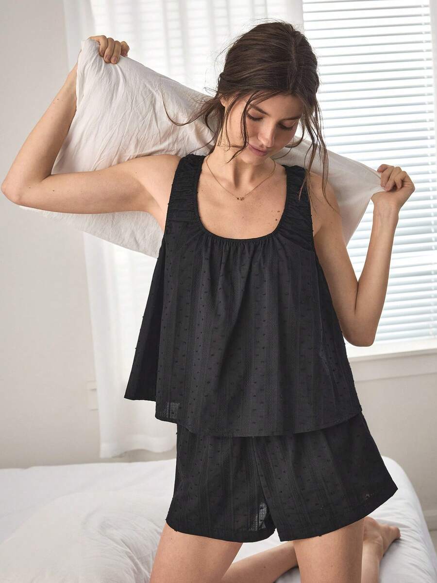Ocili 100%純棉波希米亞風舒適簡約女款居家服套裝 - 黑色 - 查看 1