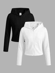SHEIN Jaket Anak Perempuan Remaja Kasual Olahraga Warna Polos Slim Fit Jaket Berkerudung Depan Terbuka 2pcs - Hitam dan Putih - View 1