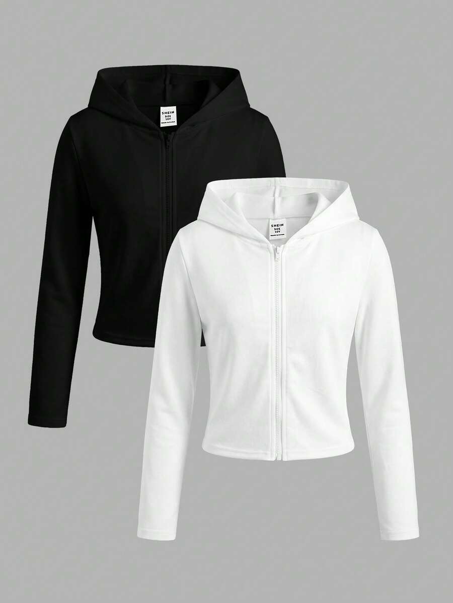 SHEIN Jaket Anak Perempuan Remaja Kasual Olahraga Warna Polos Slim Fit Jaket Berkerudung Depan Terbuka 2pcs - Hitam dan Putih - View 1