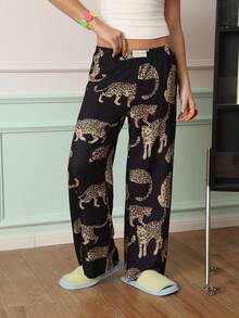 Chillnights Women's Leopard Print Casual Woven Fabric Pajama Bottoms - Black - View 3