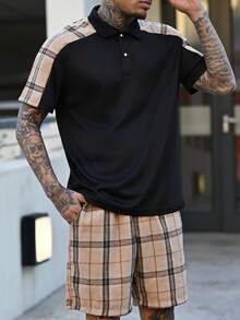 Devon Thys Men's Summer Casual Plaid Patchwork Polo Shirt And Shorts Set, Fall Clothes - Black - View 4