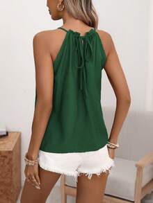 Wandoria Women's Spring/Summer French Elegant Luxury Minimalist High-End Design Casual Bohemian Vacation Office Commute Old Money Style Comfortable Solid Color Faux Linen Fabric Ruched Neckline Beaded Decor A-Line Spaghetti Strap Tie Strap Tank Top - Dark Green - View 2