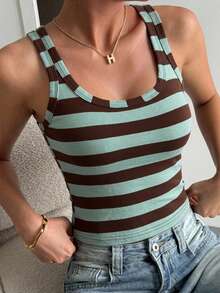 DAZY Tank Top Minimalis Bergaris Warna Blok untuk Wanita, Cocok untuk Pemakaian Sehari-hari - Biru - View 3