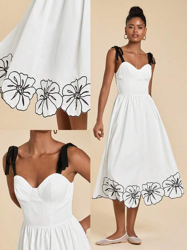 Travachic Vestido midi de línea A para mujer, sexy y elegante, con cintura ceñida, tirantes ajustables y bordado, para primavera/verano